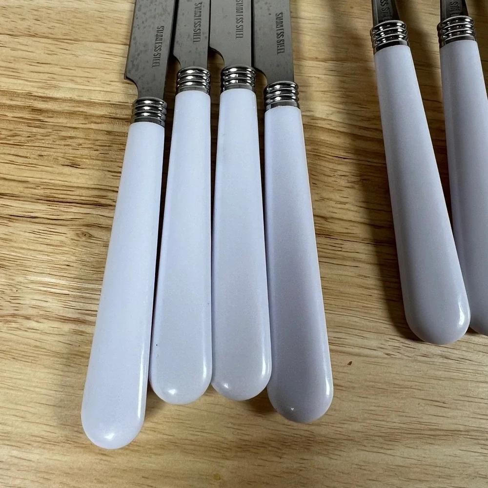 12pc Stainless Steel Flatware Set White Plastic Handles Service for 4 MCM Style